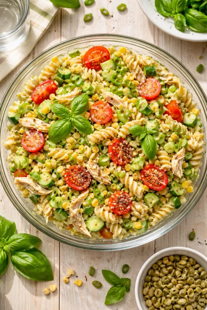 Creamy avocado chicken pasta salad with fresh veggies