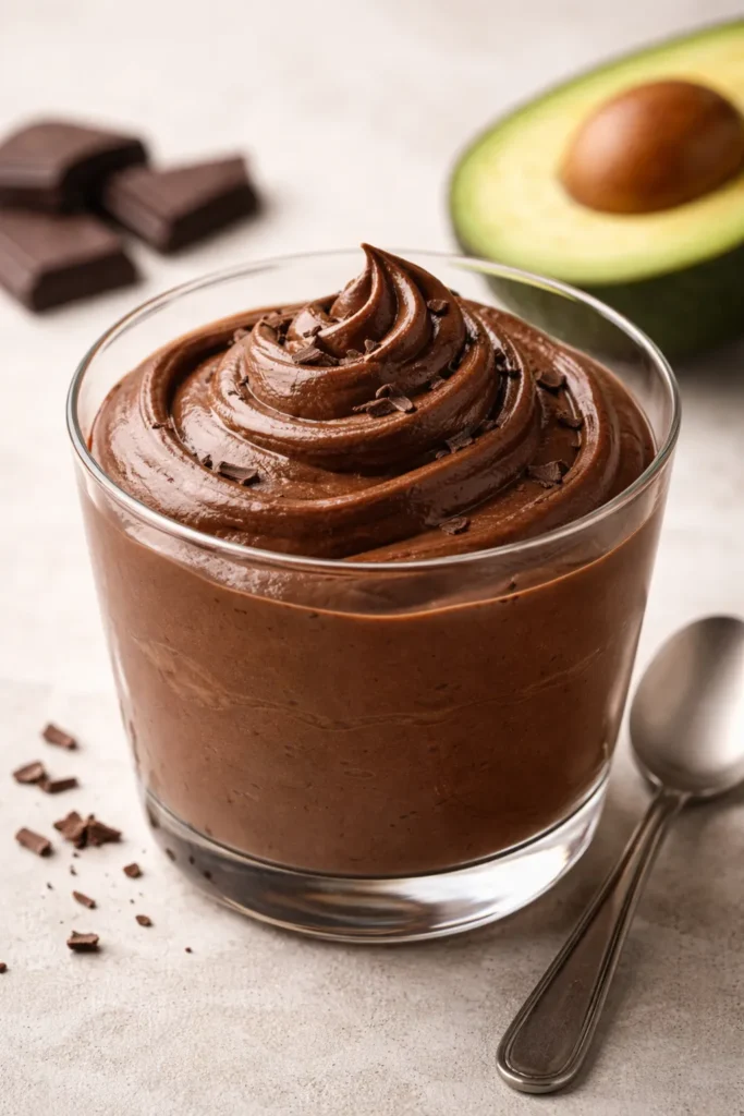Silky chocolate avocado mousse in glass cup, rich and creamy.