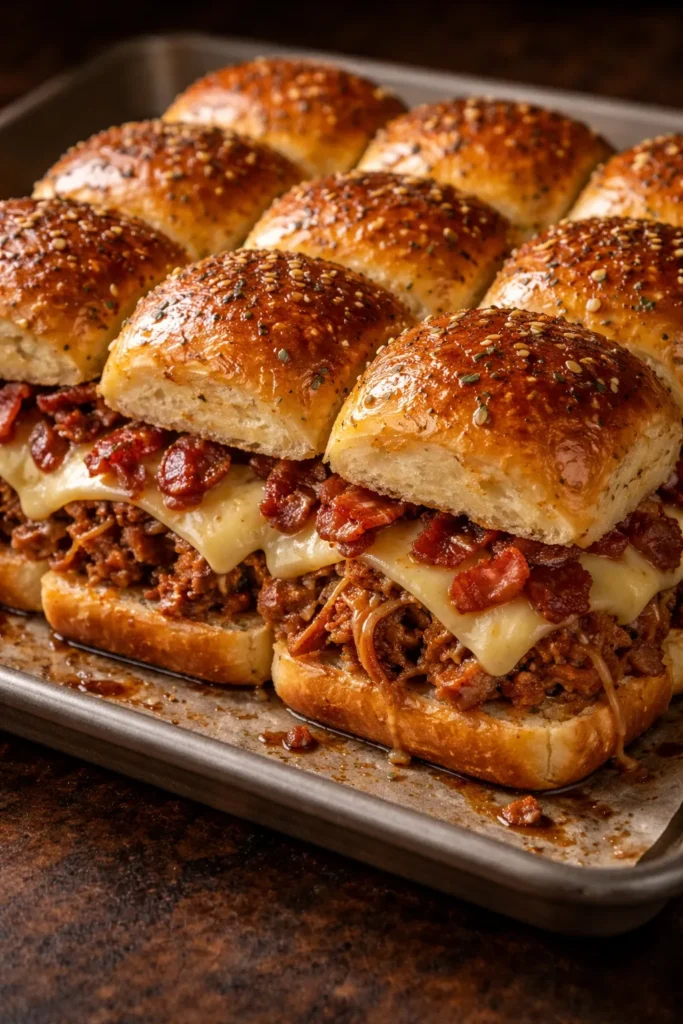 Bacon and cheese pulled pork sliders with melted cheddar