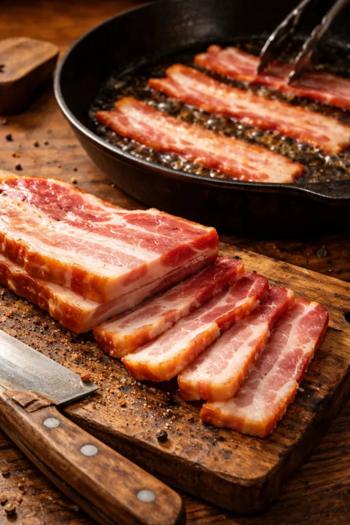 Thick-cut bacon strips on cutting board with rendered fat.