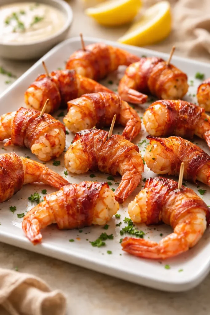 Bacon-wrapped shrimp on a platter ready to serve