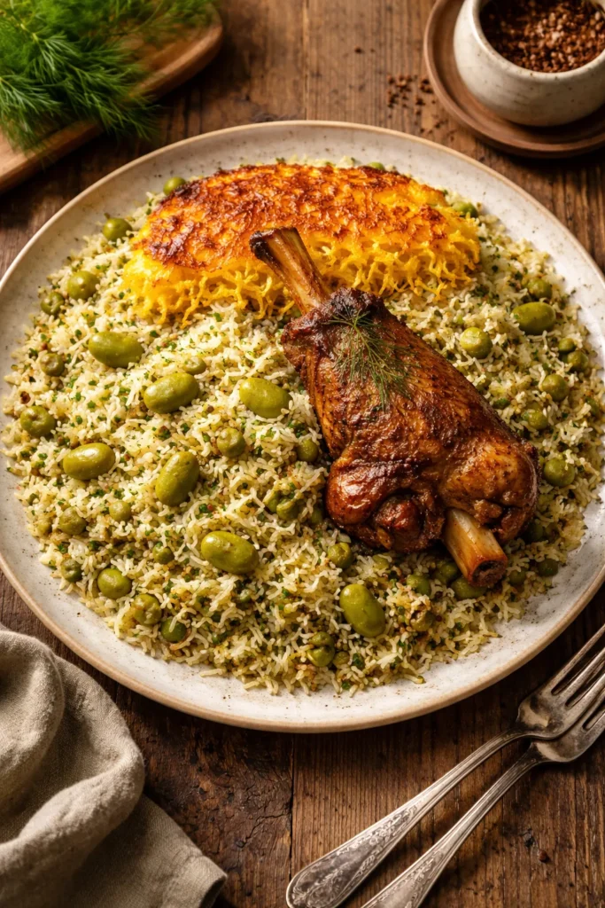 Close-up of Baghali Polo Ba Mahicheh with lamb shank, saffron rice, dill, and fava beans