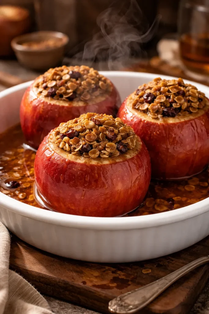 Whole baked red apples stuffed with a cinnamon and brown sugar oat filling.