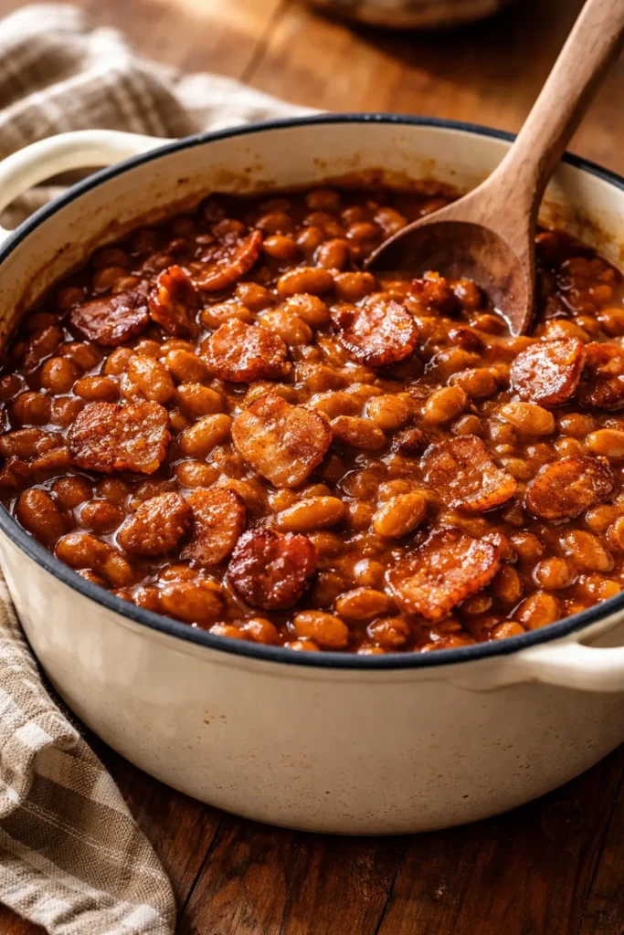 Baked beans with bacon in a rustic dish with glossy sauce