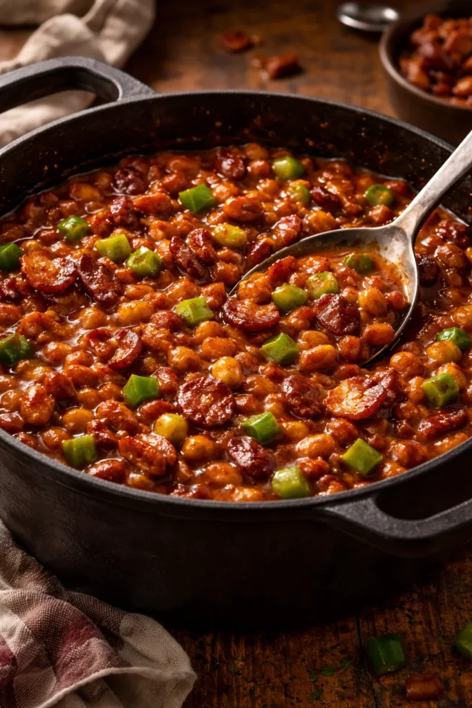 Close-up of Classic BBQ Baked Beans with bacon and bell pepper in a cast-iron Dutch oven.