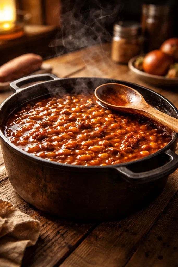 Close-up of glossy baked beans in a pot with warm kitchen lighting
