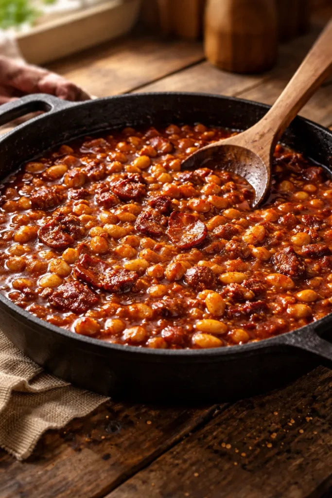 Bubbling baked beans in smoky paprika and chipotle sauce in a cast-iron skillet.