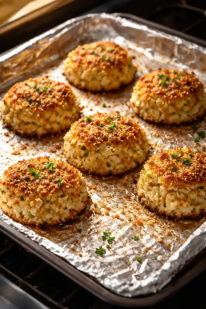 Baked crab cakes on foil-lined sheet pan