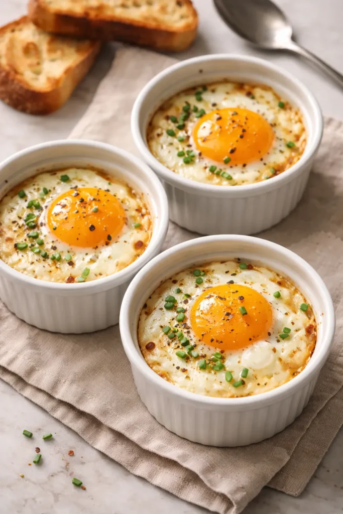 Baked eggs in ramekins with creamy whites and golden yolks