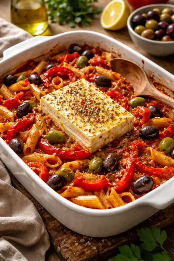 Greek-style baked feta pasta with olives and bell peppers.