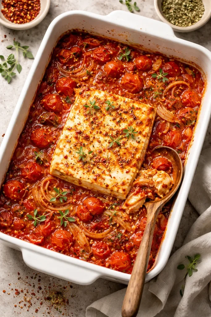 Harissa-spiked baked feta pasta with shallots in a glossy sauce.