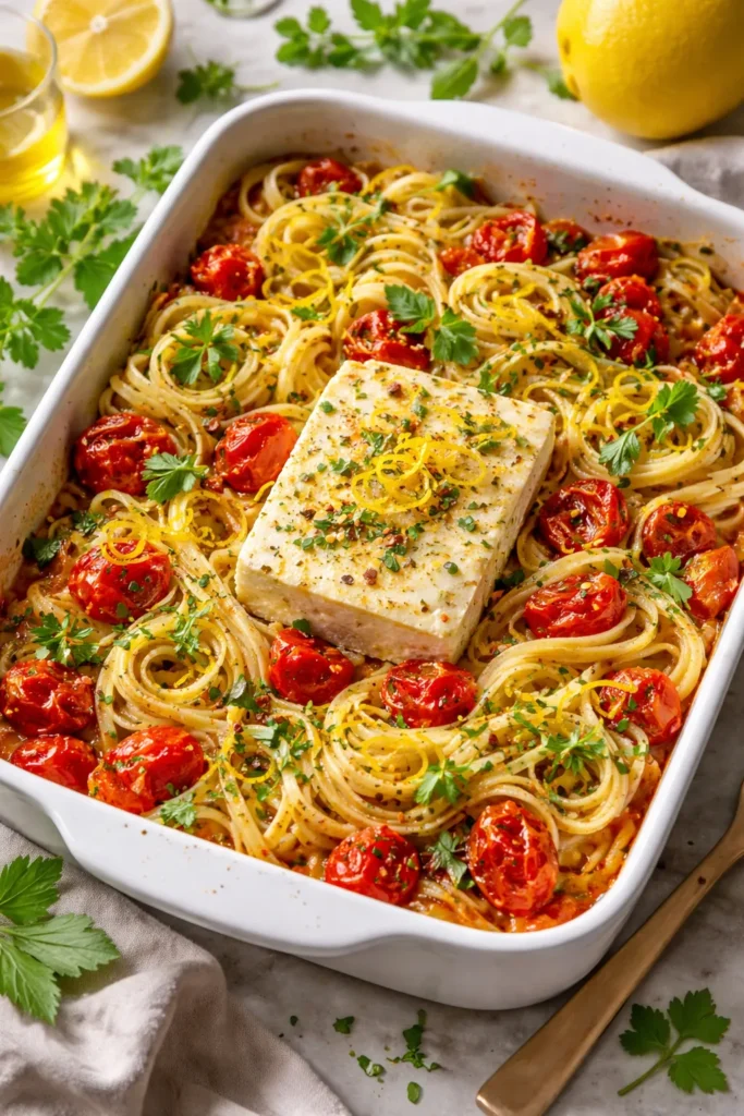 Bright baked feta pasta with lemon zest and fresh herbs on top.