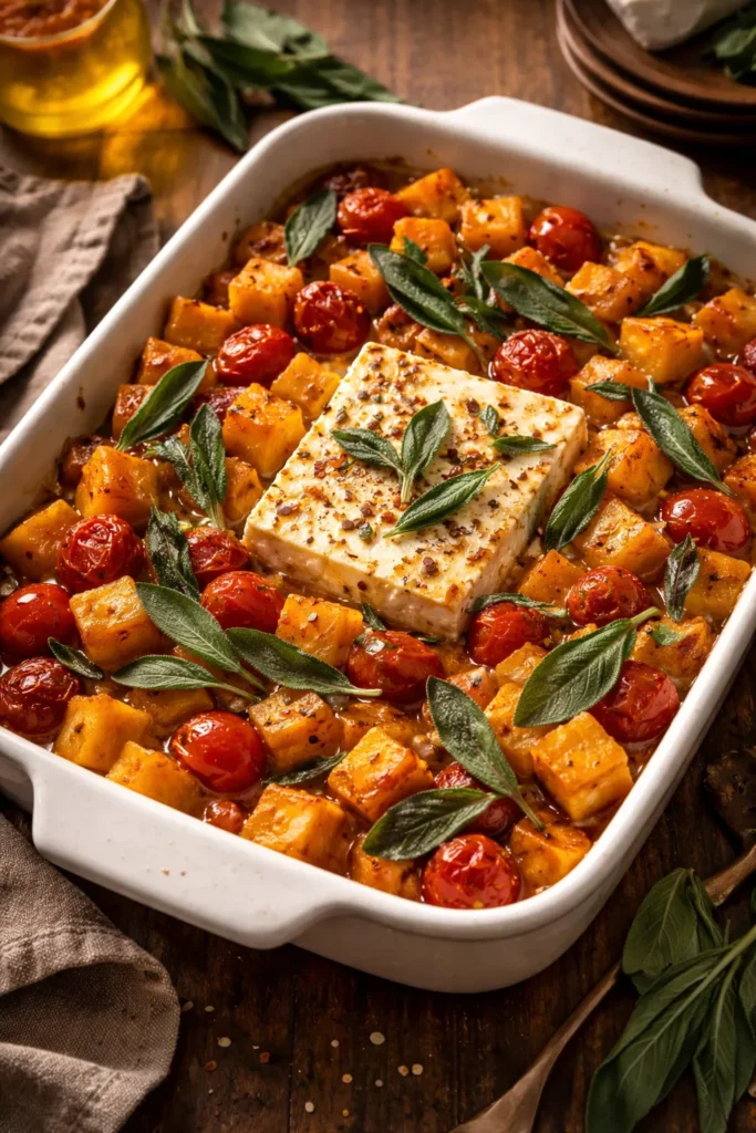 Butternut squash and sage baked feta pasta with caramelized edges.