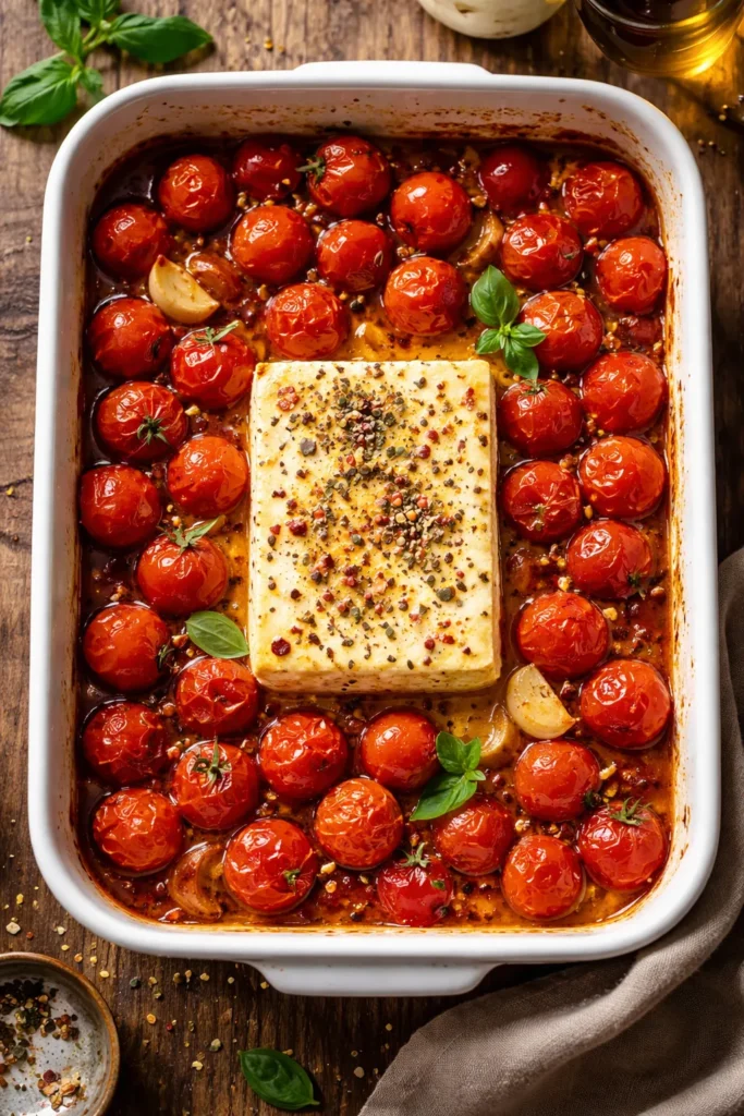 Close-up of classic baked feta pasta with cherry tomatoes and feta in olive oil glaze.