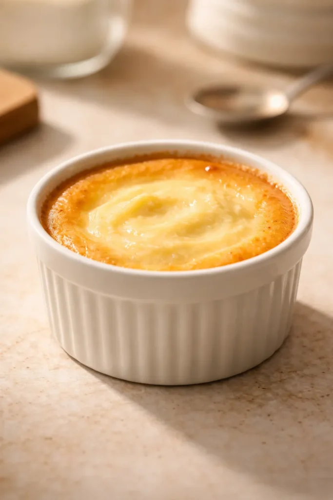 Baked cream cheese filling in a white ramekin with a golden top