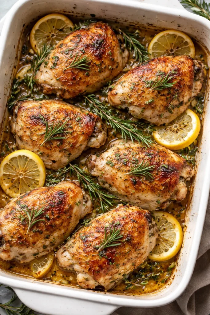 Golden baked lemon herb chicken thighs with rosemary and thyme in a roasting dish