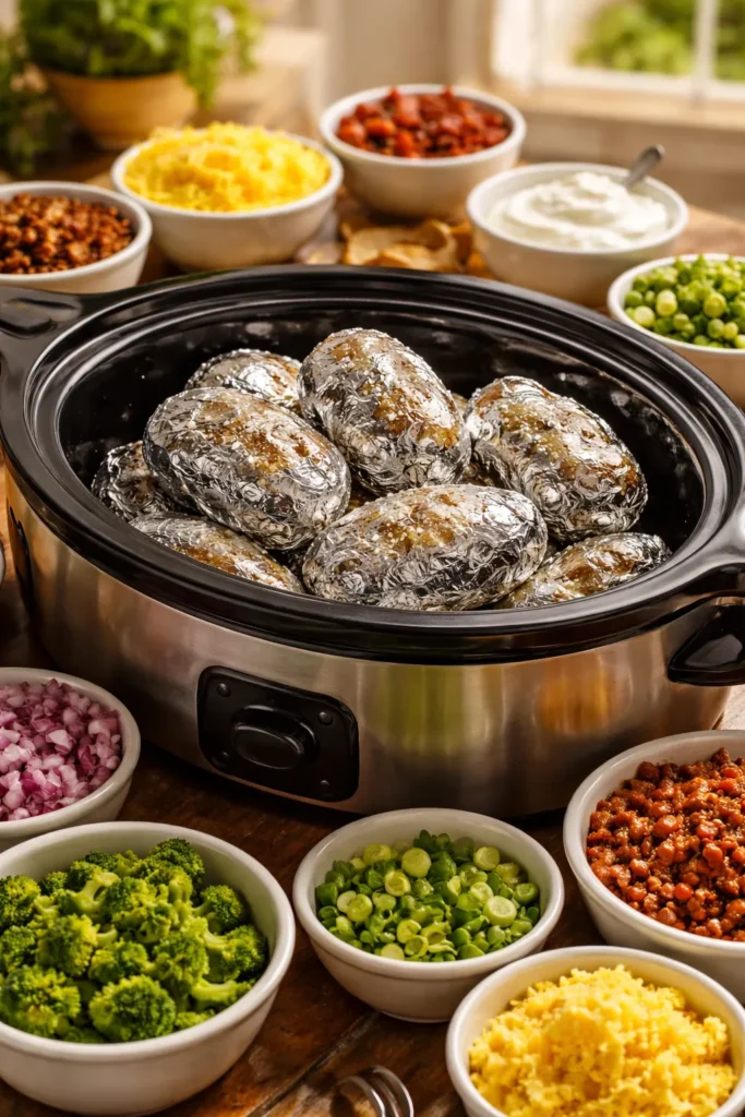 Baked potatoes ready for toppings in a slow cooker