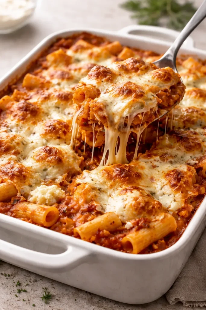 Baked ziti with bubbling mozzarella and ricotta pockets