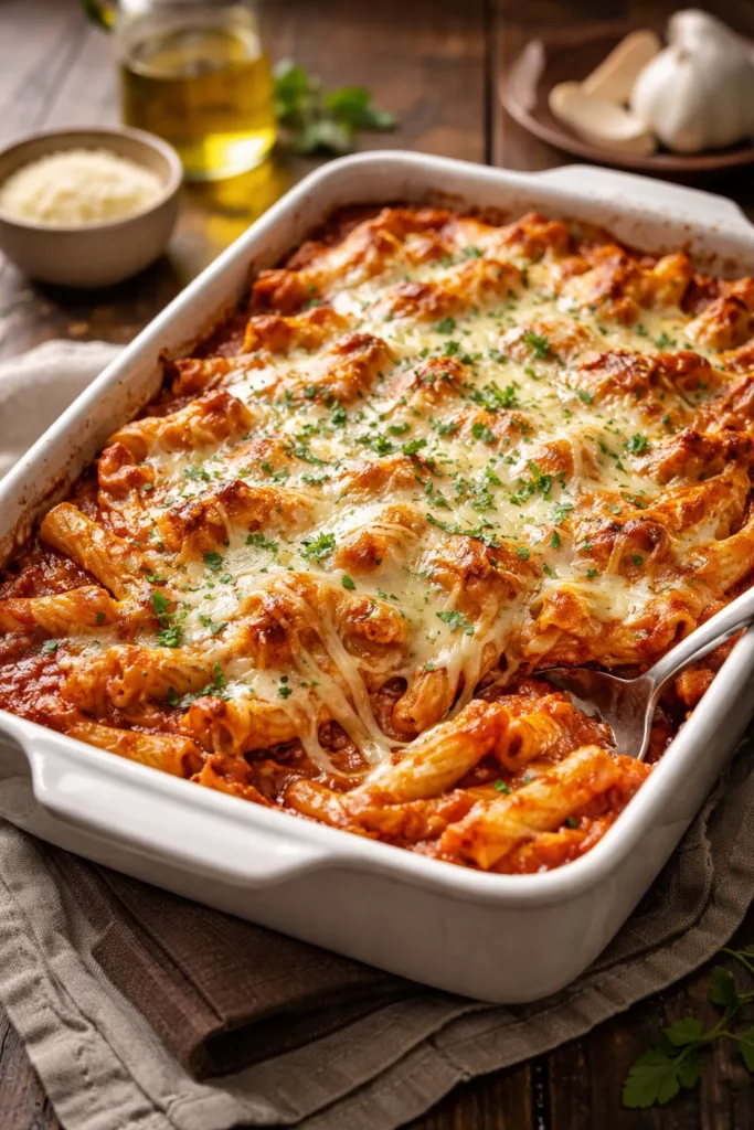 Baked ziti in casserole dish with golden cheese topping