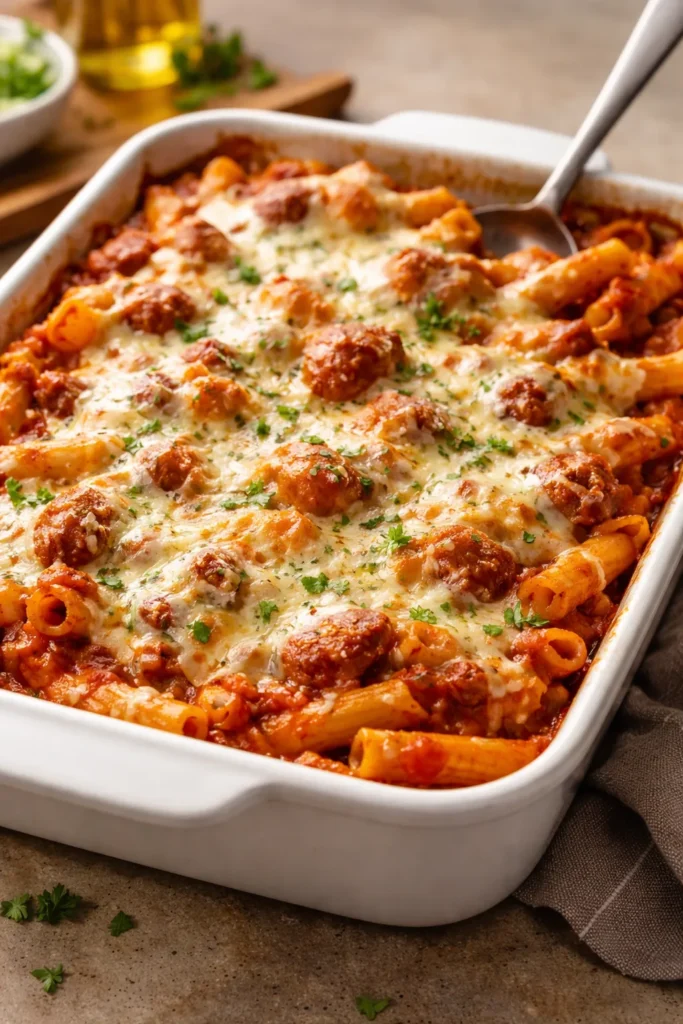 Baked ziti with sausage and melted cheese in baking dish