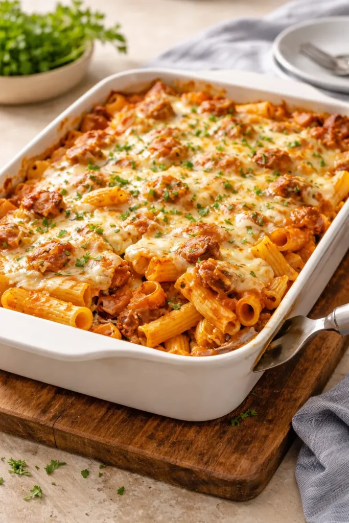 Baked ziti with three cheeses and sausage in a casserole