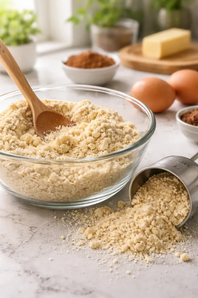 Almond flour clumps and spilled measuring cup on a kitchen counter, illustrating common baking mistakes