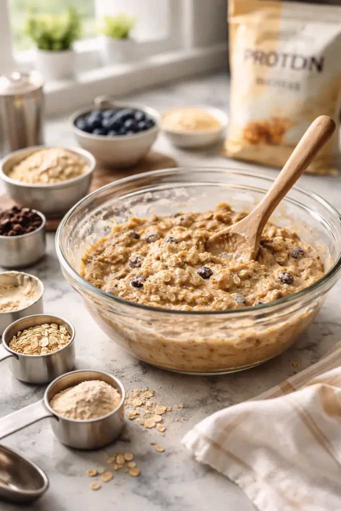 Baking prep with batter, mixing bowl, and measuring tools on a kitchen counter