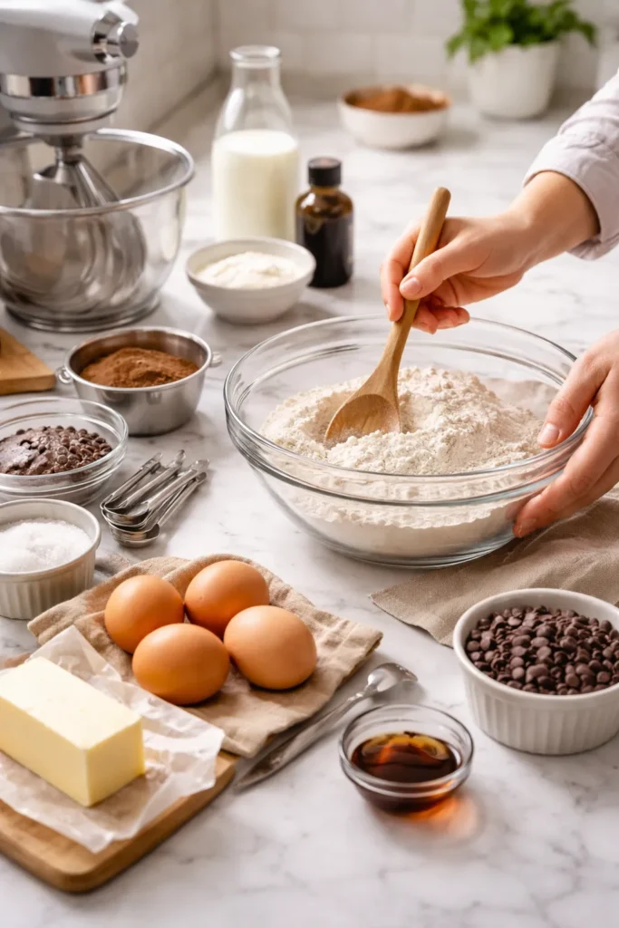 Hands with baking tools and ingredients prepared on a clean counter