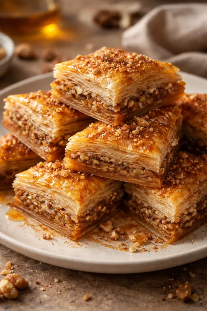 Baklava with nuts on a plate, honey glaze