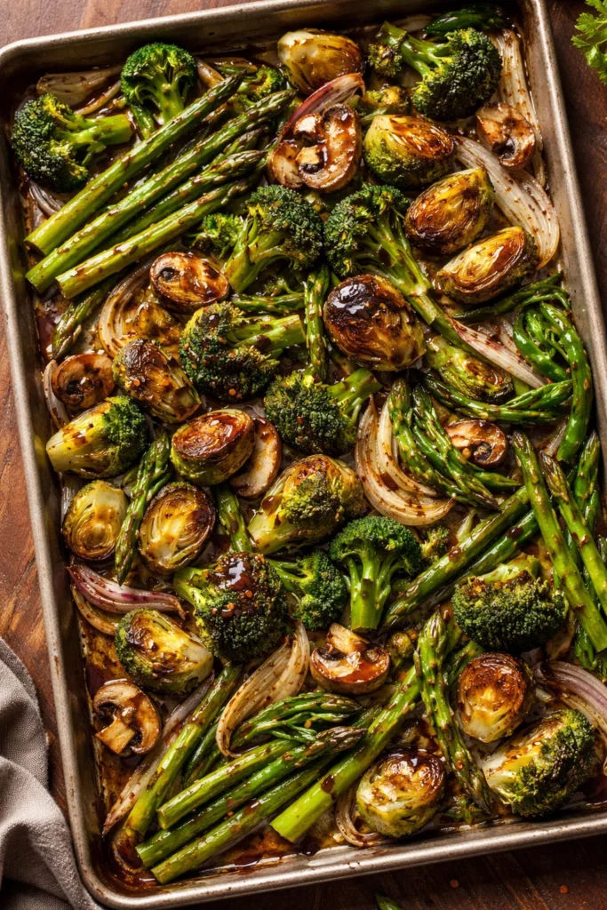 Glossy balsamic glazed Brussels sprouts, broccoli, and green vegetables medley