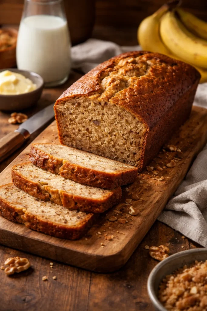 Banana bread loaf with moist crumb on wooden board, slices nearby.