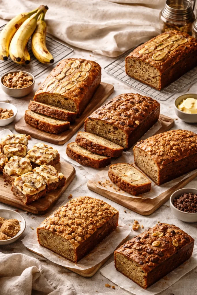 An assortment of different types of banana bread on a kitchen table