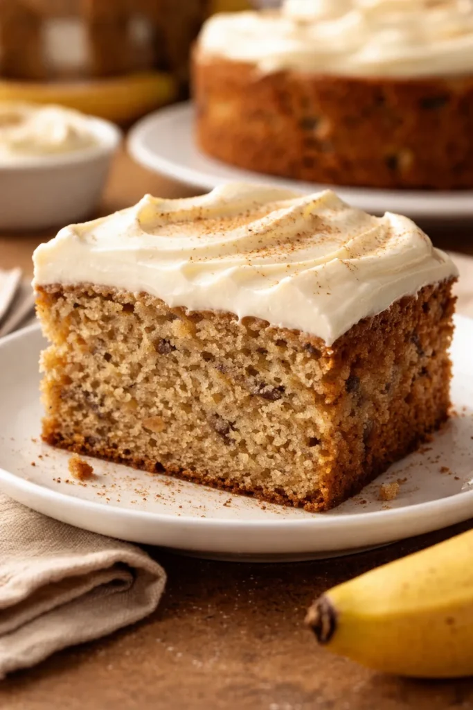 Slice of banana cake with cream cheese frosting on a plate