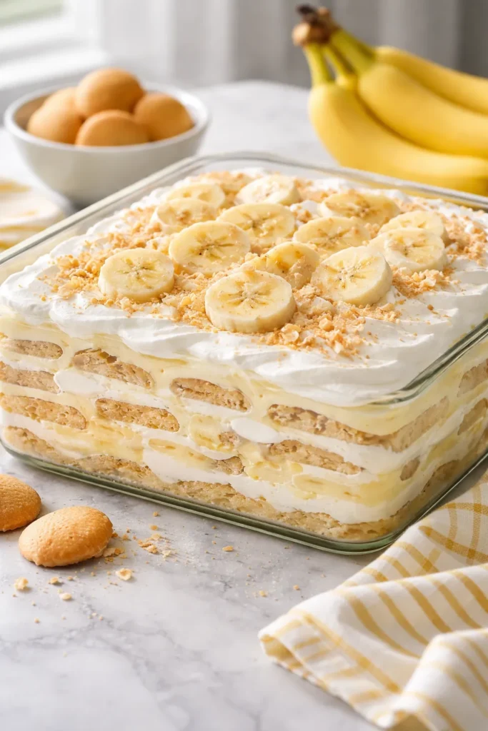 Banana cream pudding icebox cake with banana slices in glass dish