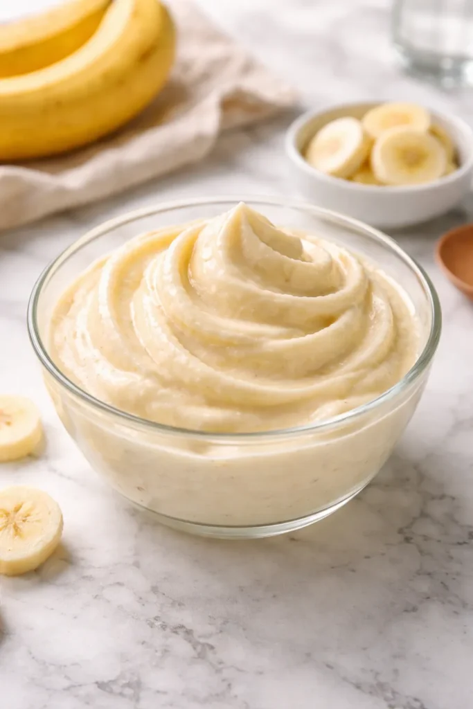 Creamy banana nice cream in a glass bowl with smooth, pale yellow texture.