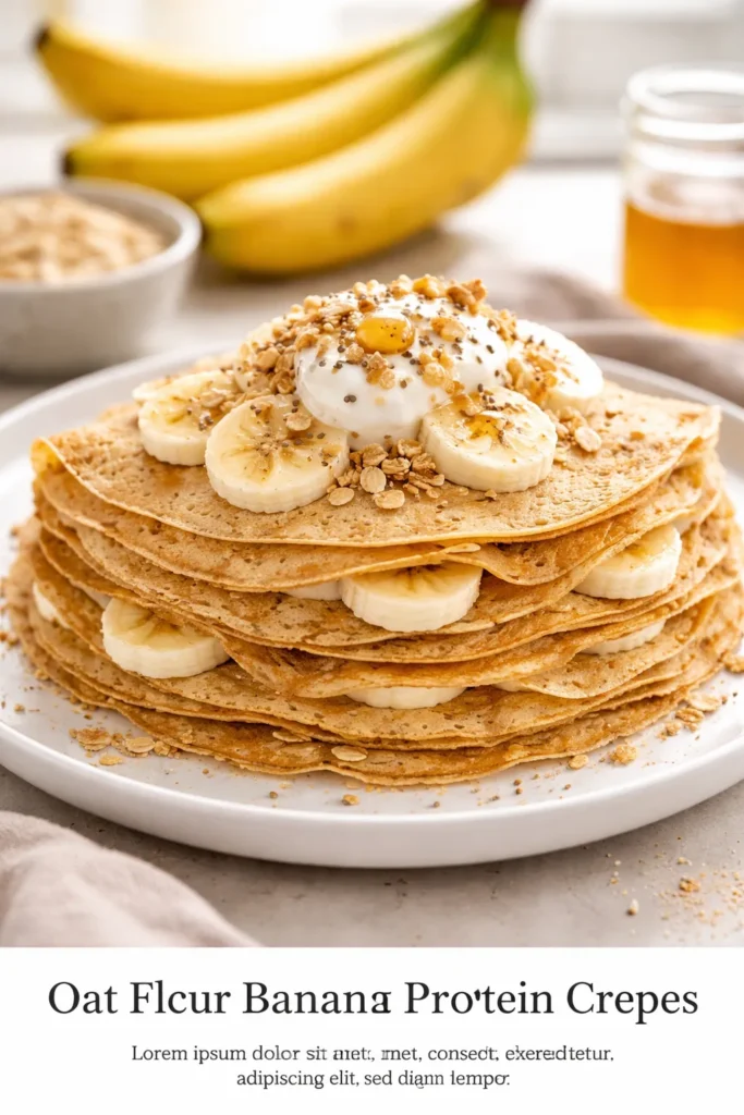 Stack of oat flour banana protein crepes with banana visible at edge.