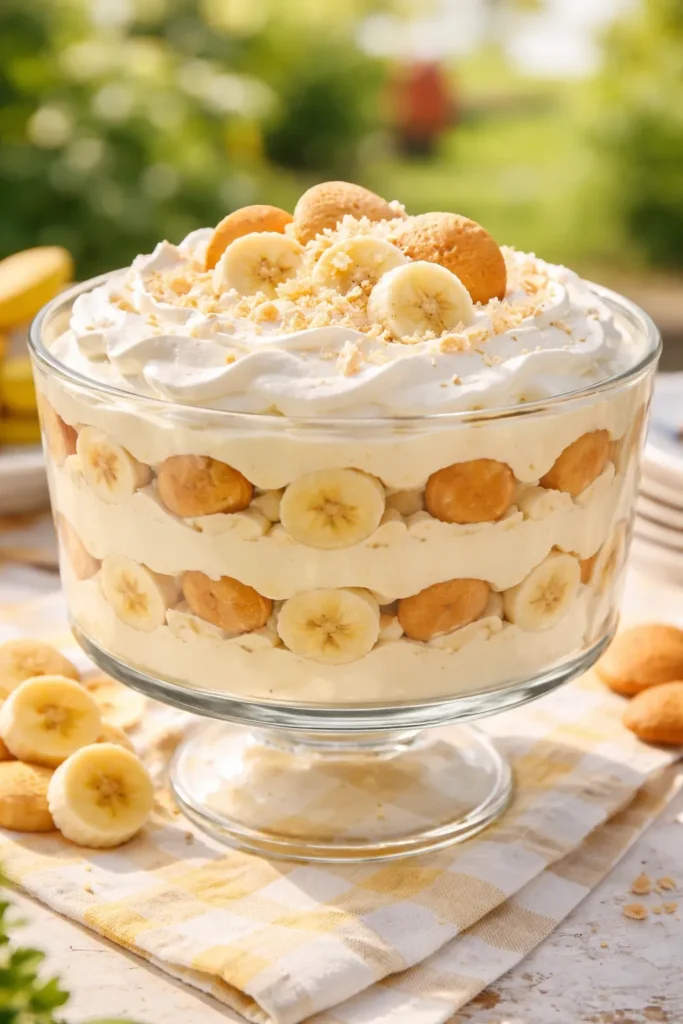 Close-up of banana pudding with banana slices and wafers in a glass dish