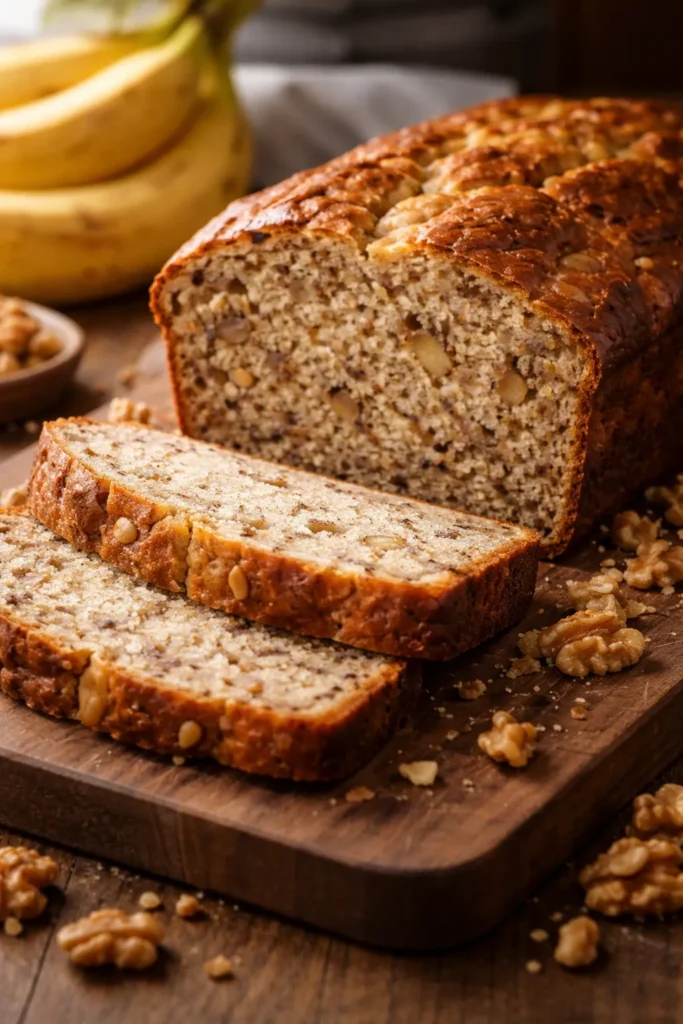 Banana walnut quick bread sliced to show moist crumb and walnuts