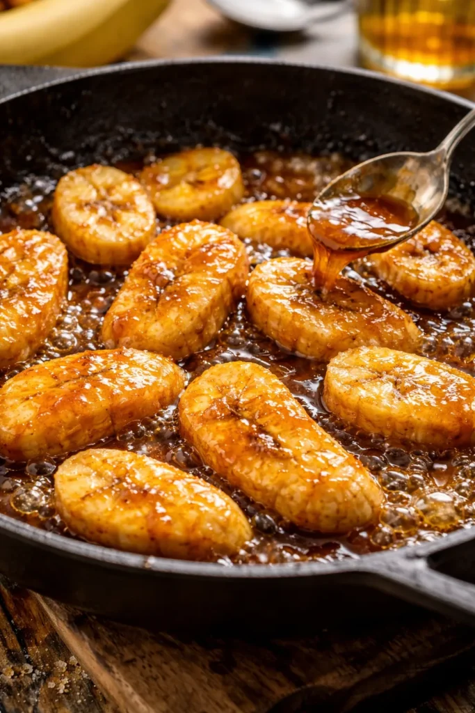 Caramelized bananas in a skillet with brown sauce