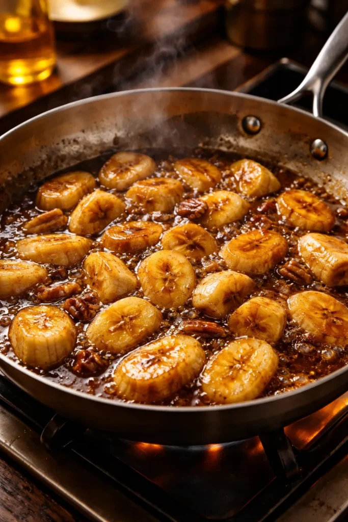 Bananas Foster in a skillet with caramel banana slices in sauce.