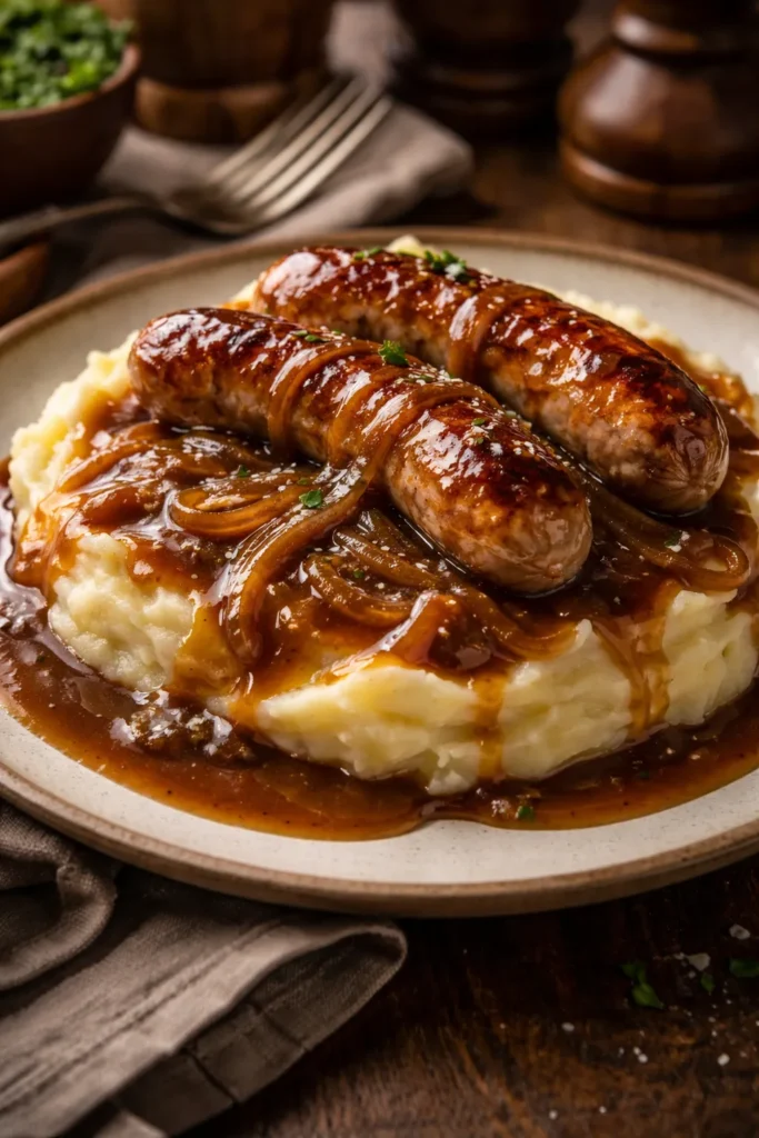 Bangers and mash with caramelised sausages, creamy mashed potatoes, and onion gravy