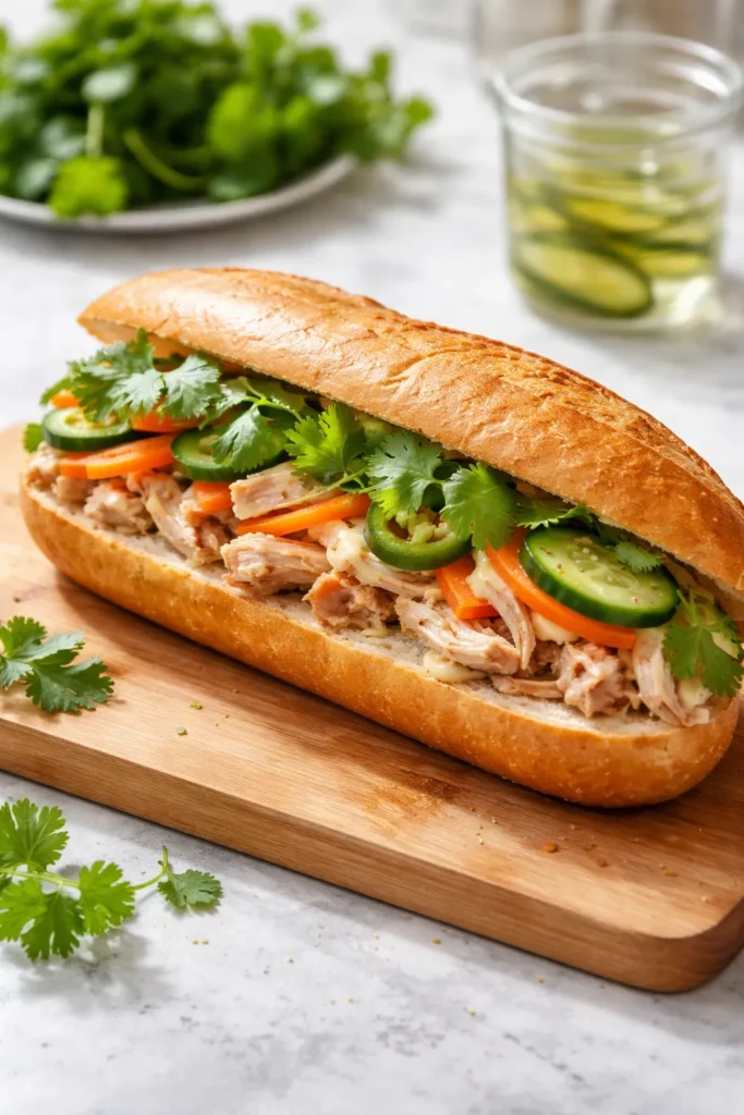 Rotisserie chicken banh mi sandwich on wooden board