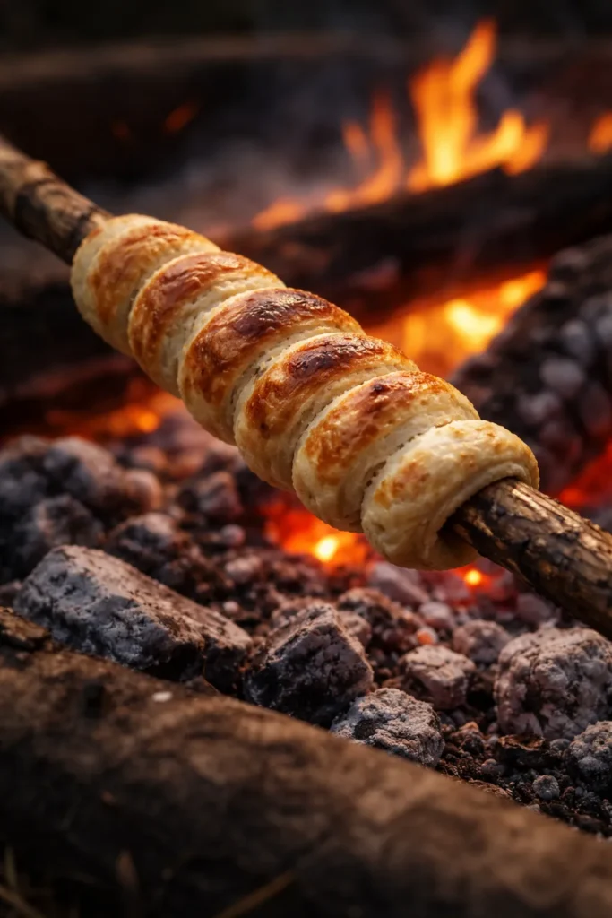 Close-up of bannock dough wrapped around a stick roasting over coals