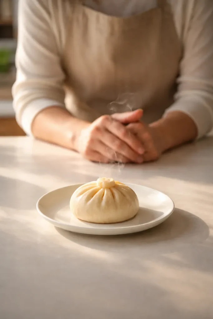 Close-up of a single steamed bao bun on a plate with steam in a warm kitchen