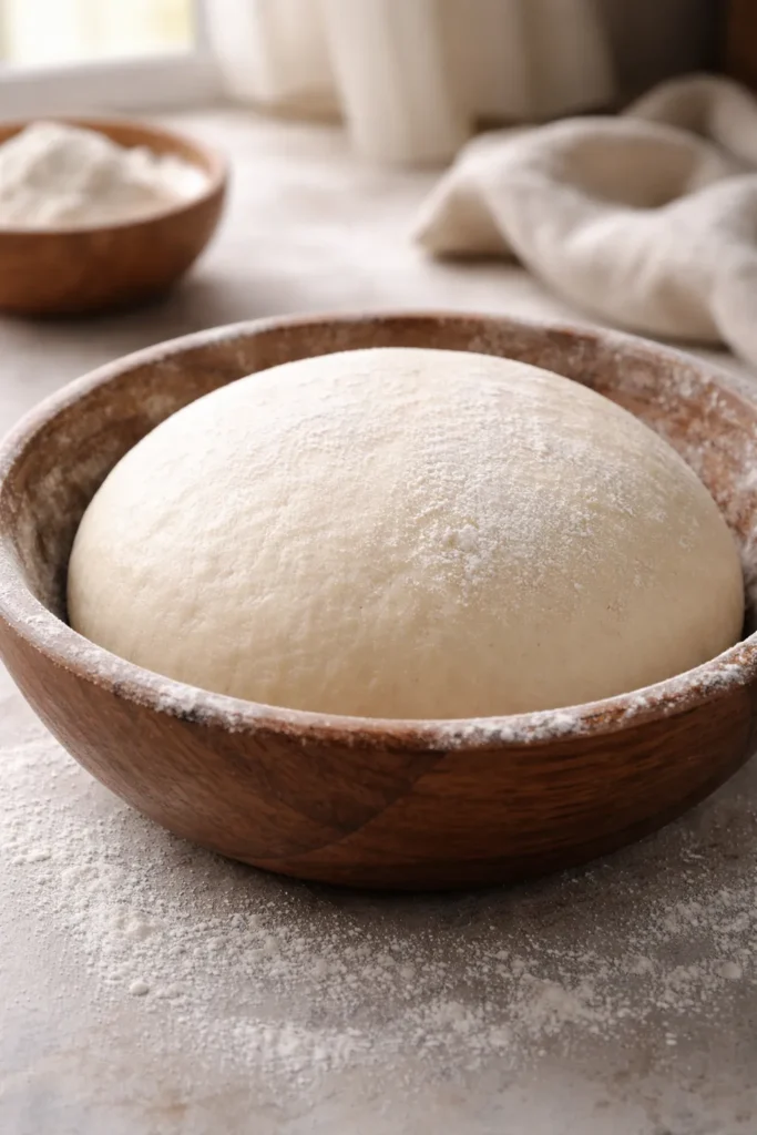 Close-up of master bao dough ball with flour on rustic wooden surface