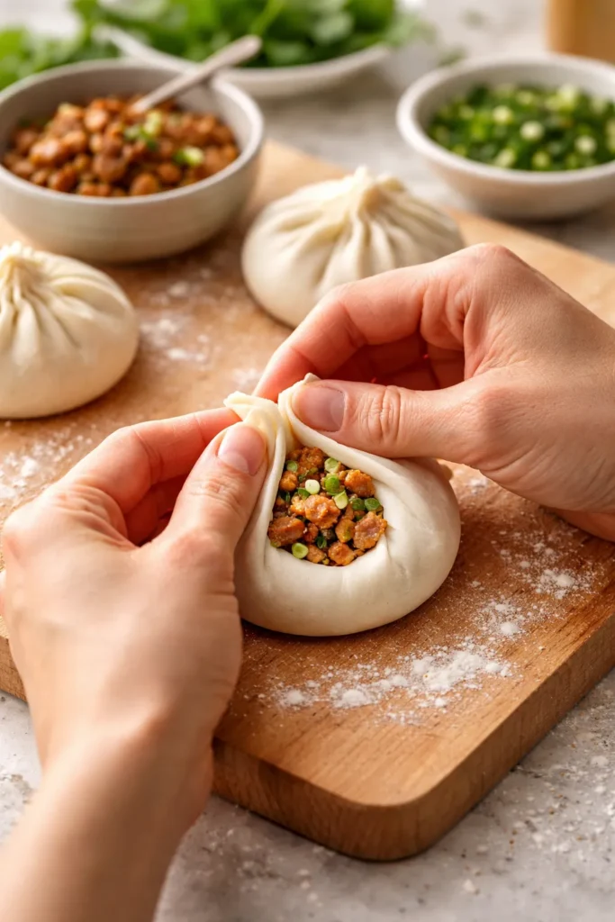 Hands folding bao with filling and visible pleats