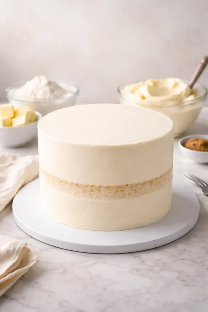 Two-layer cake with sturdy buttercream frosting ready for stacking