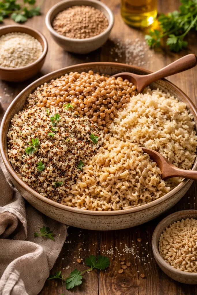 Close-up of a bowl of mixed grains like quinoa, farro, and brown rice
