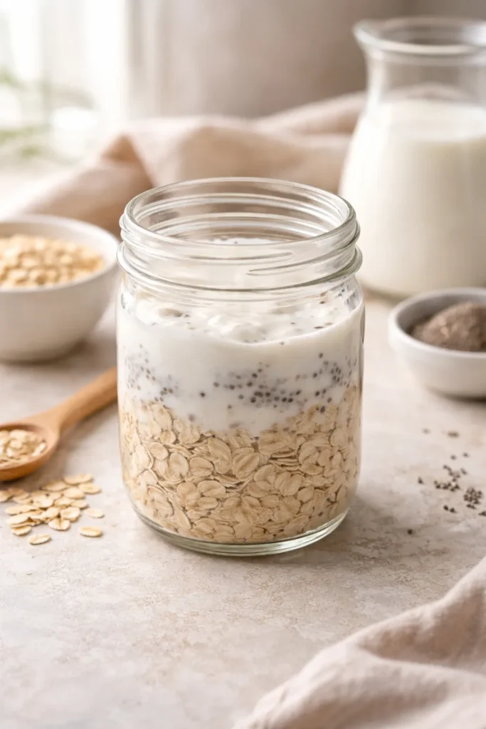 Close-up jar of base overnight oats showing oats, milk and yogurt