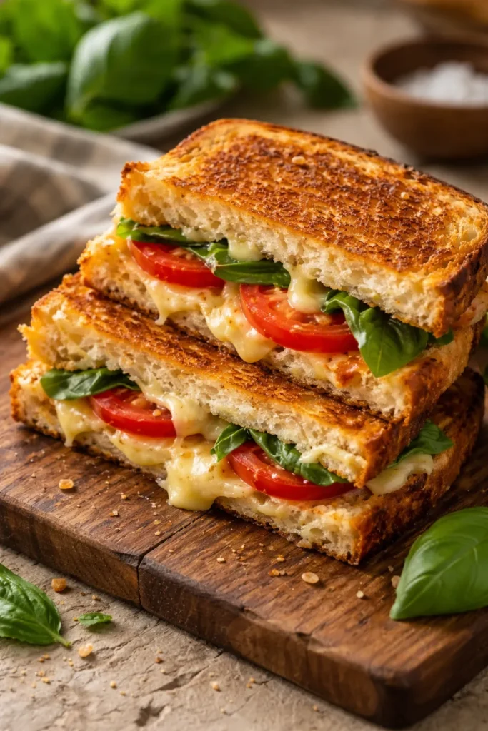 Close-up of basil-tomato grilled cheese on sourdough with melted cheese and tomato